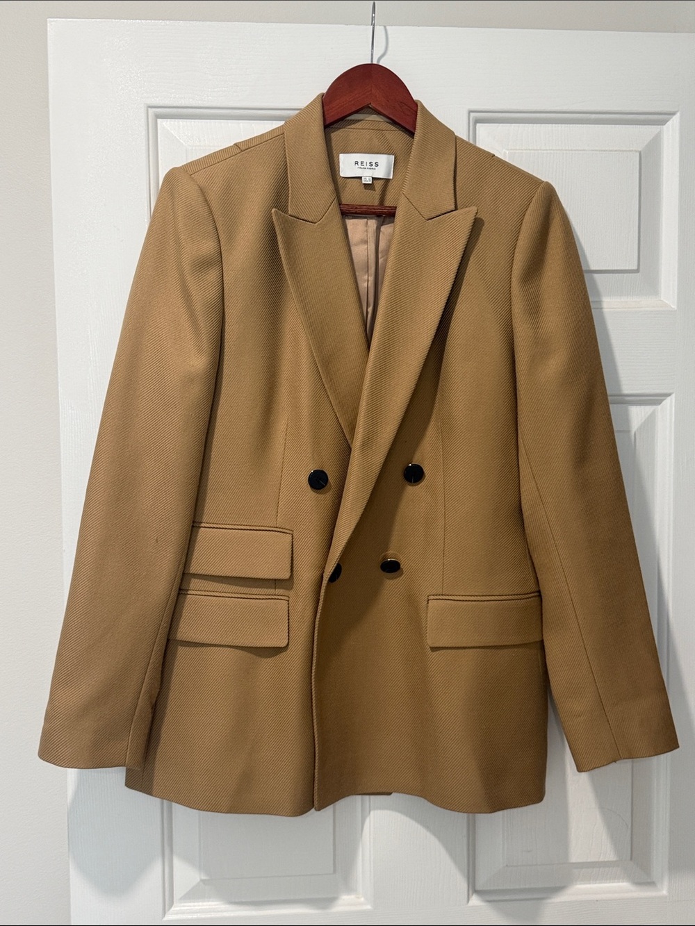 Reiss Double-Breasted Tan Blazer with Black Buttons